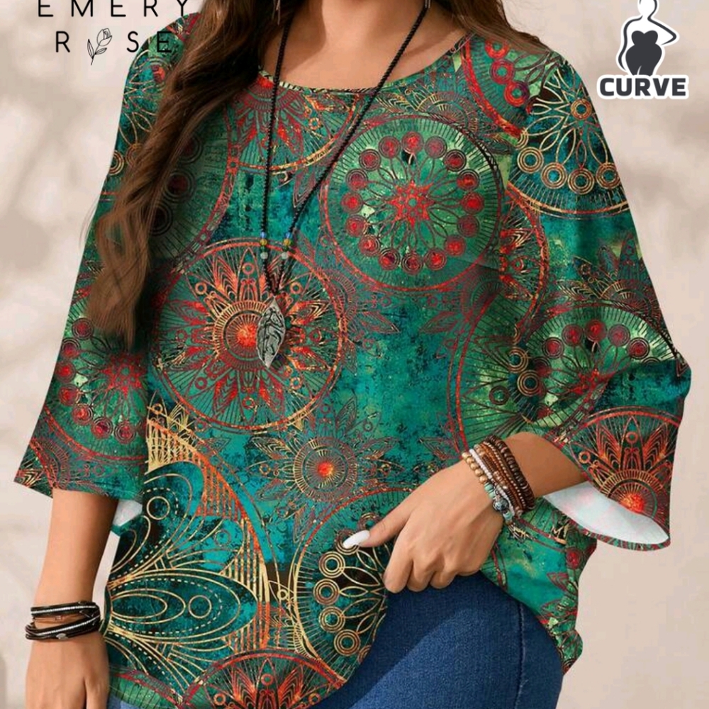 EMERY ROSE Plus Size Women Casual All-Over Print Round Neck Loose Tunic